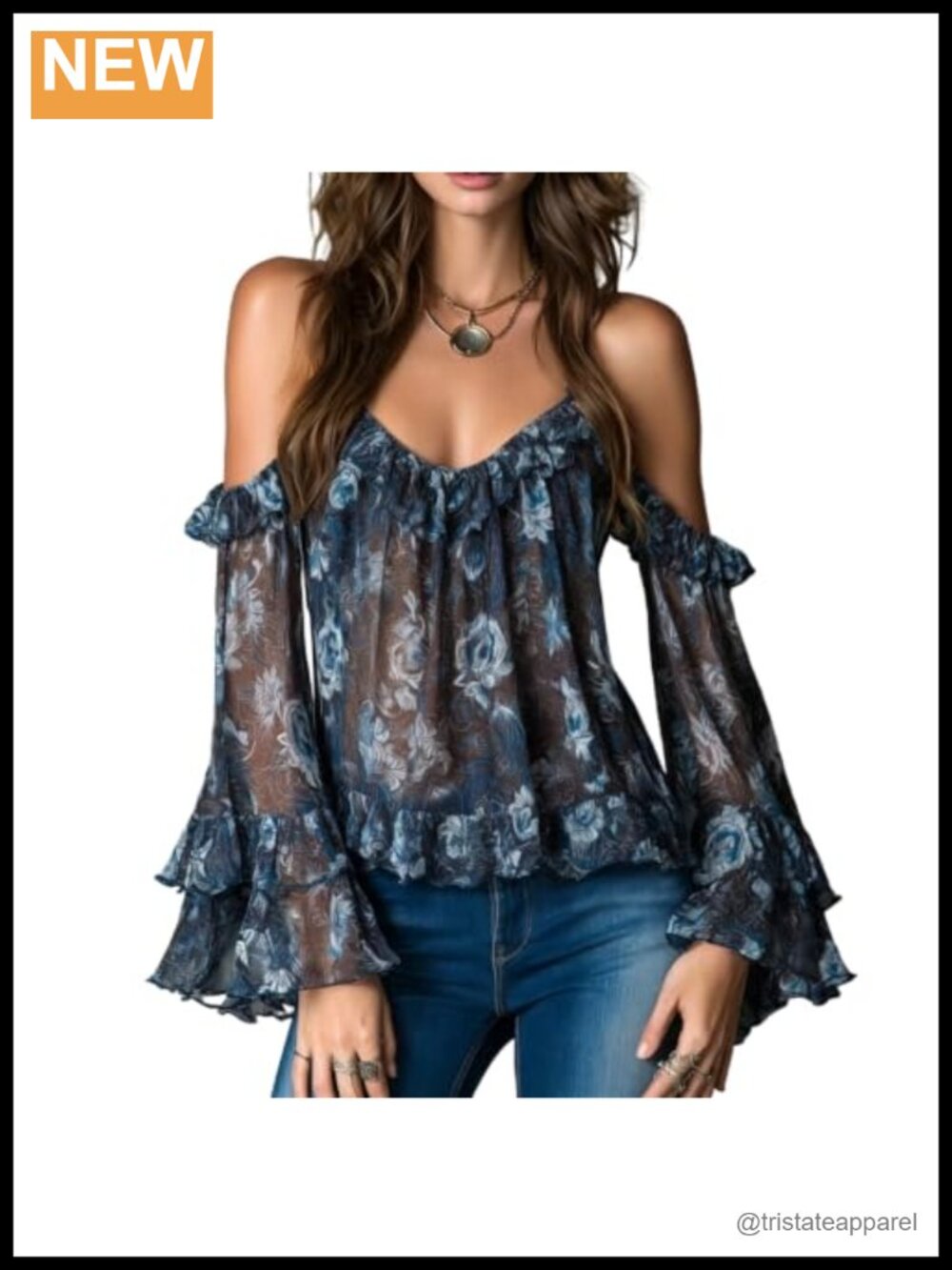Women's Boho Cold Shoulder Blouse Floral Chiffon Bell Sleeve